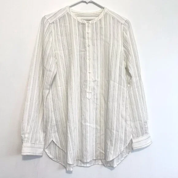 ANN TAYLOR LOFT White Black Textured Pinstripe Striped Long Sleeve Popover Tunic - Picture 2 of 16